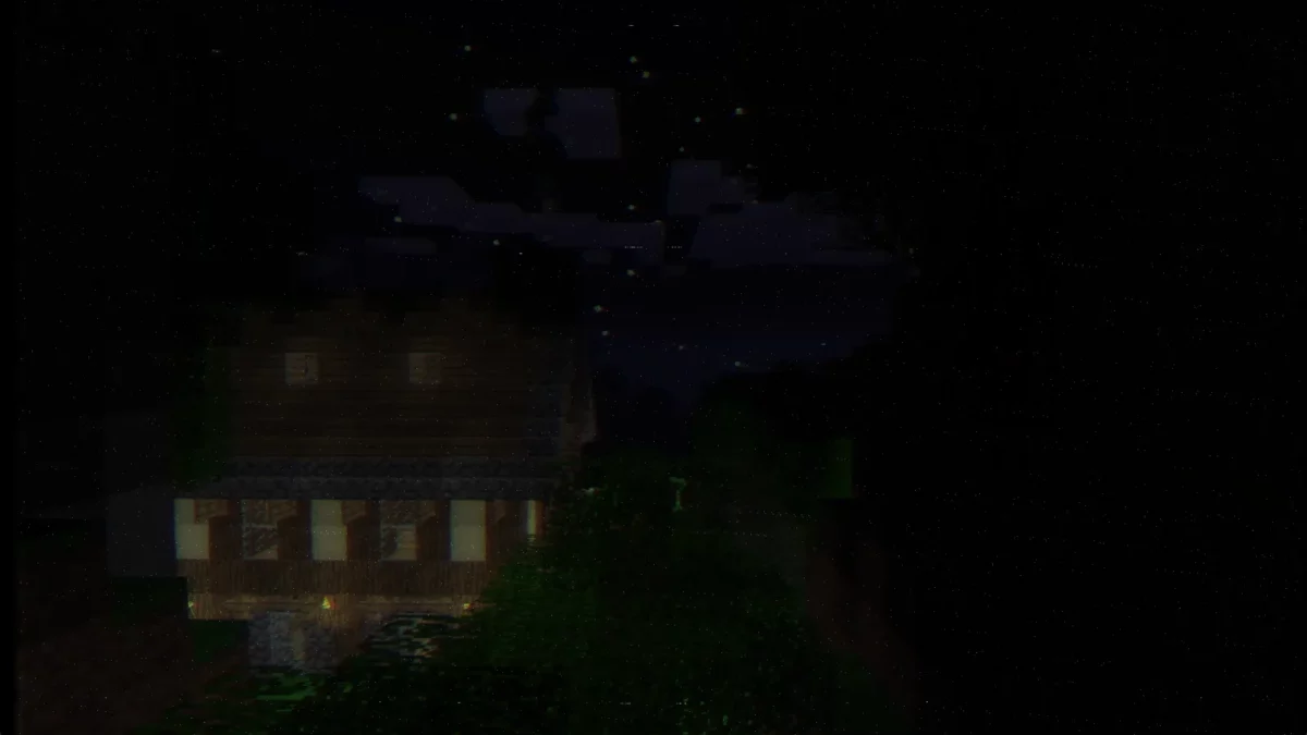 shader Minecraft CTR VCR arrière d'une base de survie nappé de grain analogique