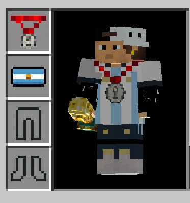 add-on Minecraft World Cup 2026 Kits joueur en maillot argentin portant une médaille dans l'interface d'équipement