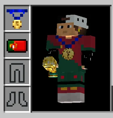add-on Minecraft World Cup 2026 Kits tenue du Portugal avec médaille d'or équipée et trophée doré en main