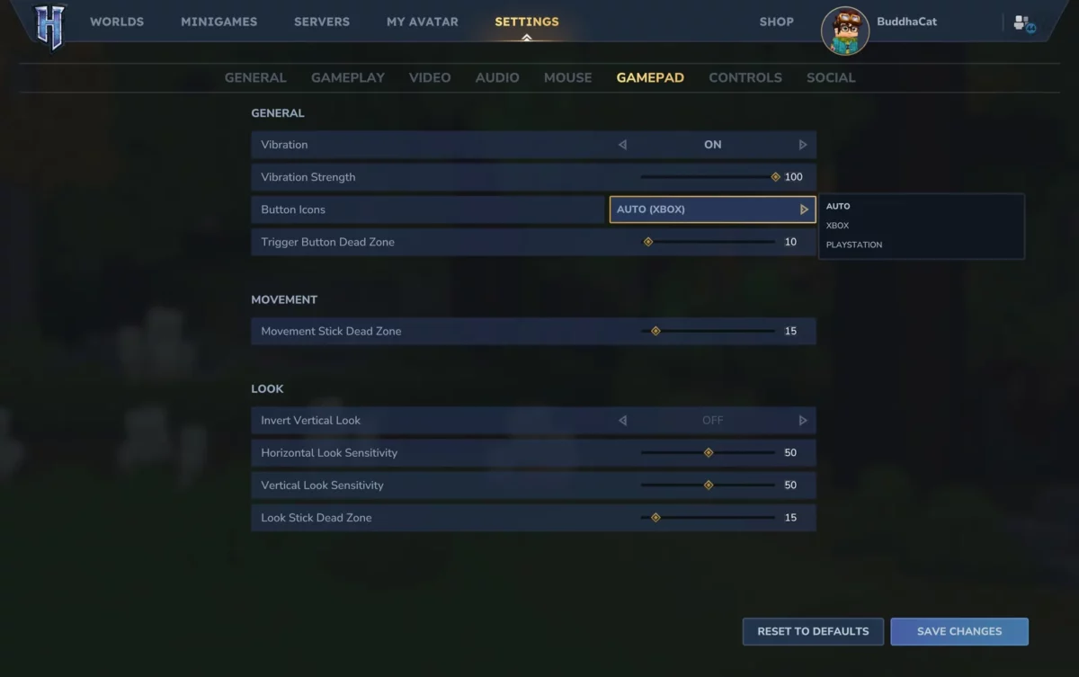 Hytale Update 5 menu des parametres manette avec reglages de vibration de zone morte et de sensibilite