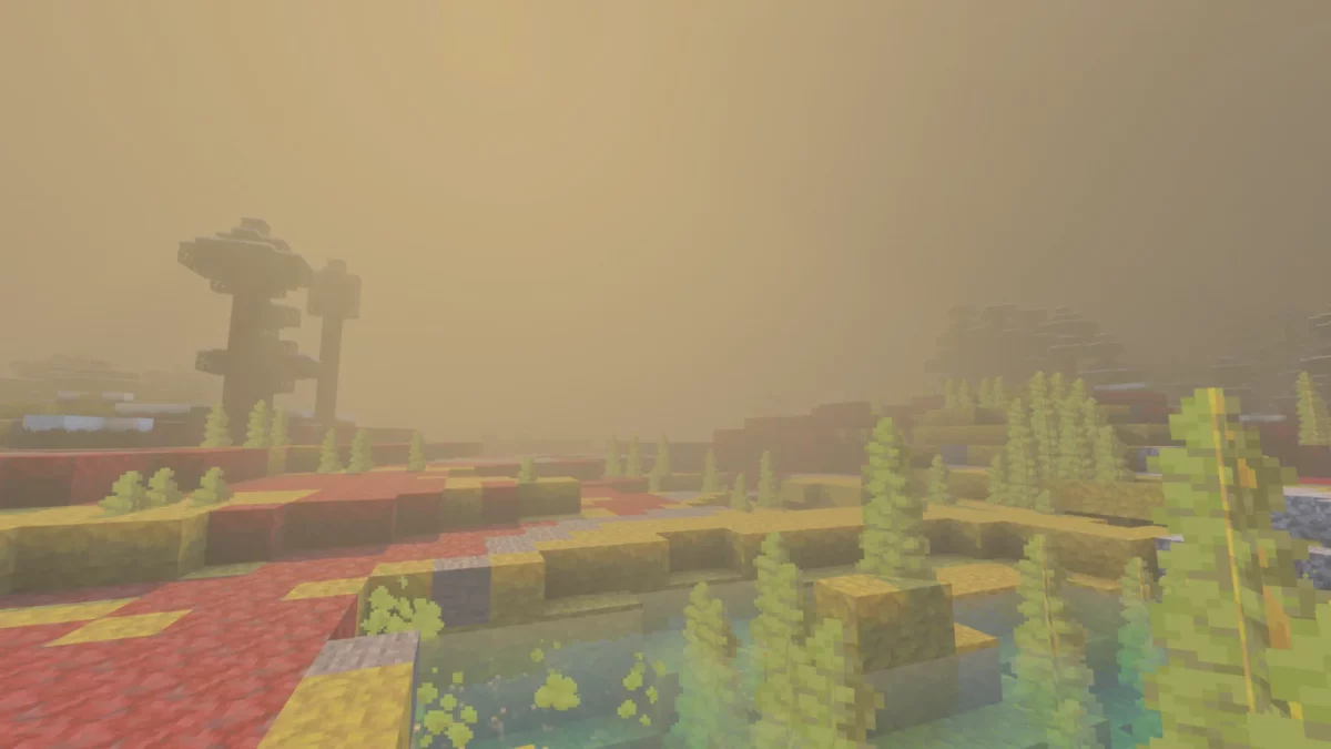 Paysage de surface au-dessus des cavernes de soufre dans Minecraft noyé sous un épais brouillard volumétrique jaune avec Vibrant Visuals