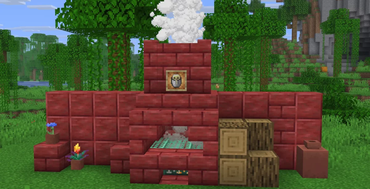 petite cheminée en cinabre poli et briques de cinabre construite dans un biome de forêt dans Minecraft, fumée qui s'échappe