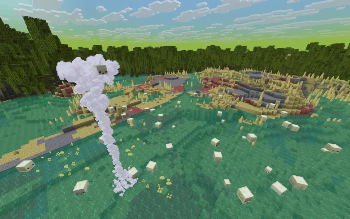 Petit cube de soufre propulsé par un geyser en surface dans Minecraft, d'autres cubes rebondissant sur l'eau en arrière-plan