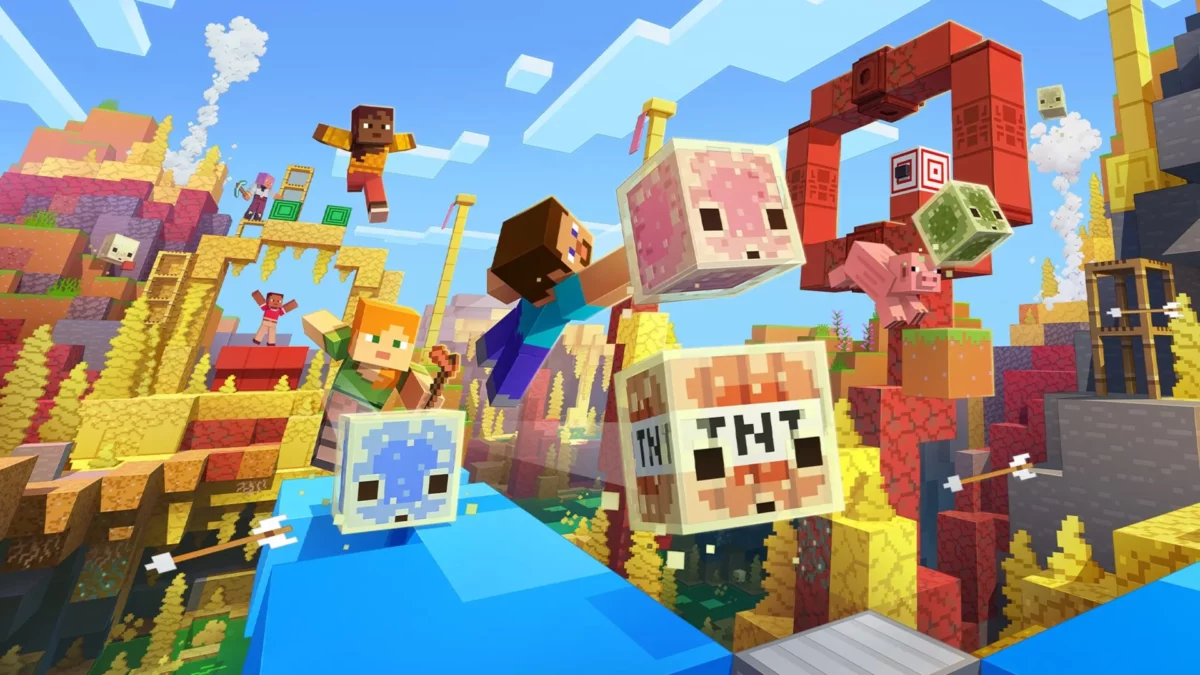 Illustration officielle de Chaos Cubed dans Minecraft avec des cubes de soufre variés et des personnages en pleine action