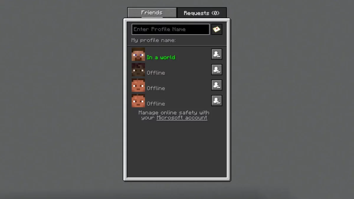 Capture de l'onglet Amis de la nouvelle liste d'amis de Minecraft, montrant des contacts en ligne et hors ligne