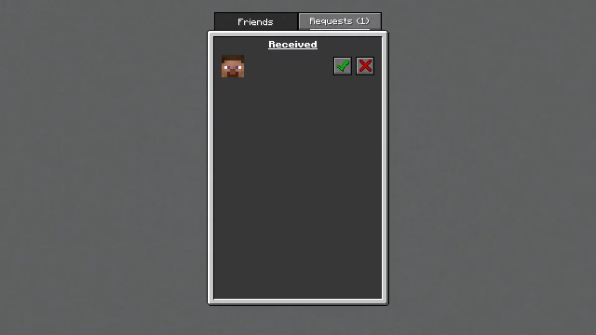 Capture de l'onglet Demandes de la liste d'amis de Minecraft, avec une invitation reçue et les boutons accepter ou refuser