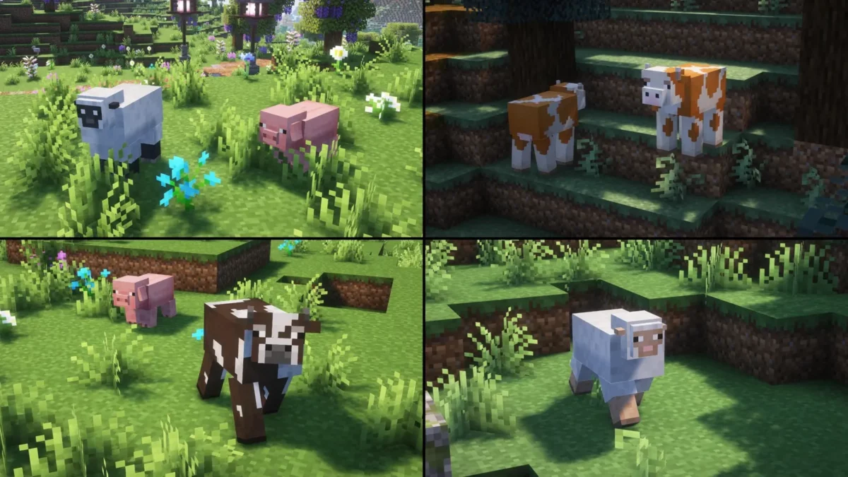 pack de texture Minecraft Enhanced mouton cochon et vaches aux modeles revus repartis sur quatre vignettes en prairie