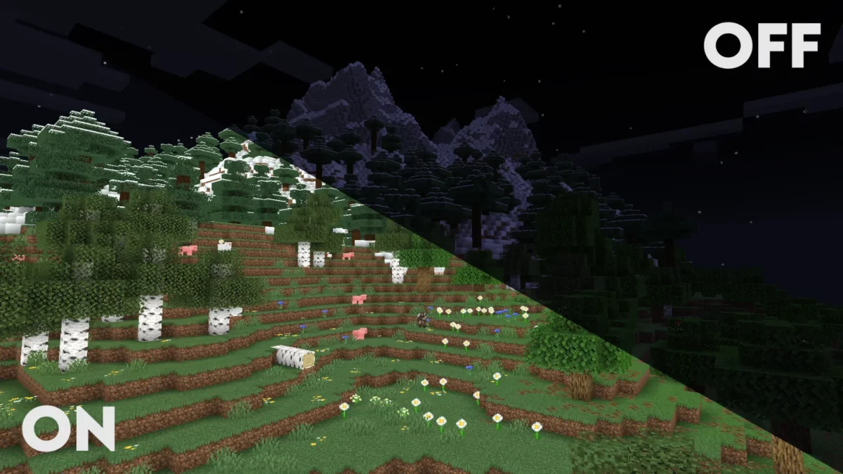 shader Minecraft Clarity vue de montagnes sans brouillard avec une visibilité totale jusqu'à l'horizon