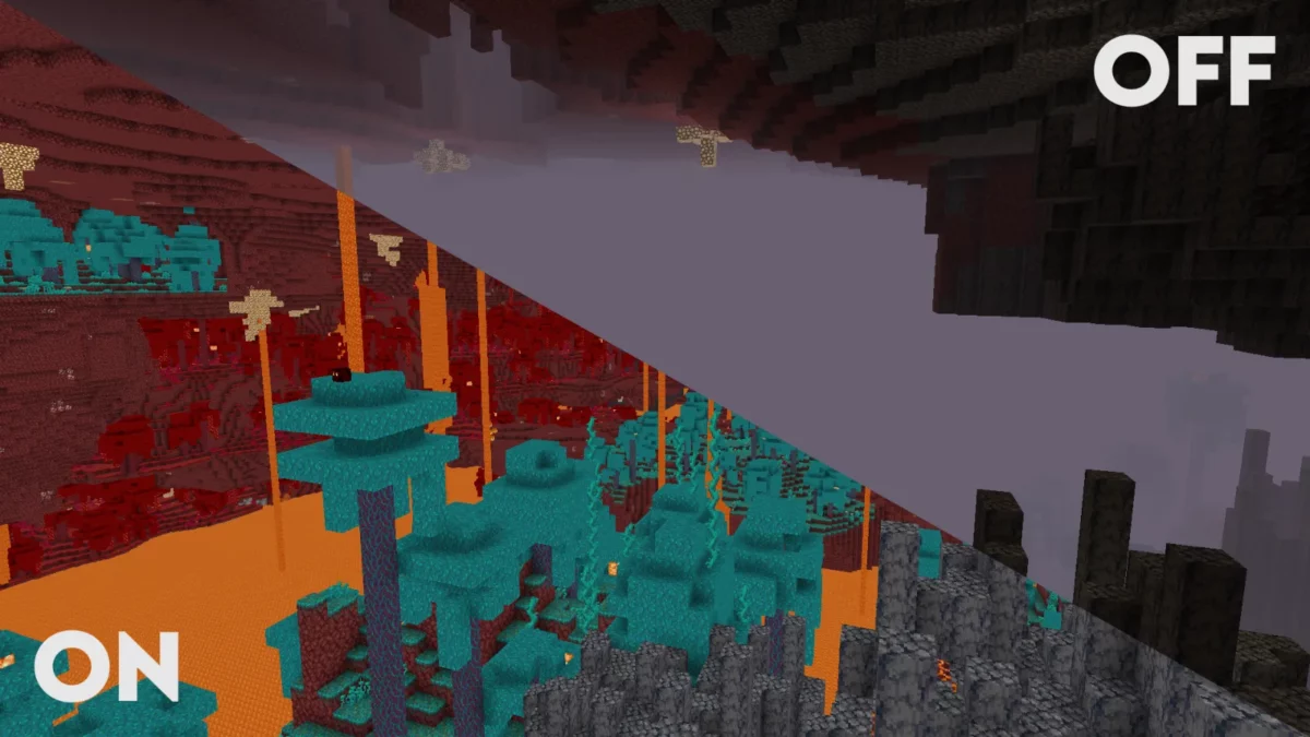 shader Minecraft Clarity Nether sans brouillard avec une visibilité totale jusqu'au loin