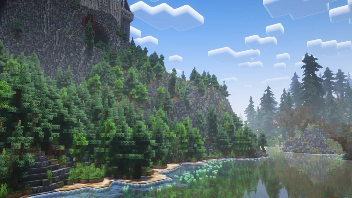 shader Minecraft Fantasy Shaders Reimagined ciel de jour plus clair et bleuté avec des nuages colorés