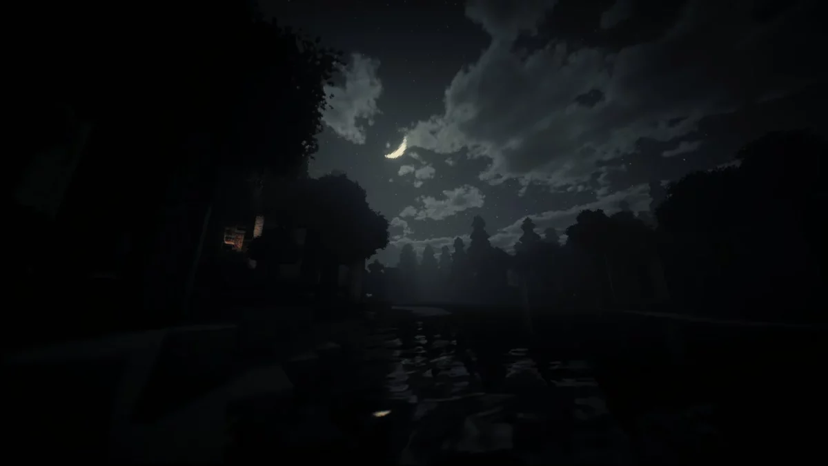 shader Minecraft Derivative Shader scene nocturne avec un croissant de lune des nuages sombres et un reflet sur l'eau