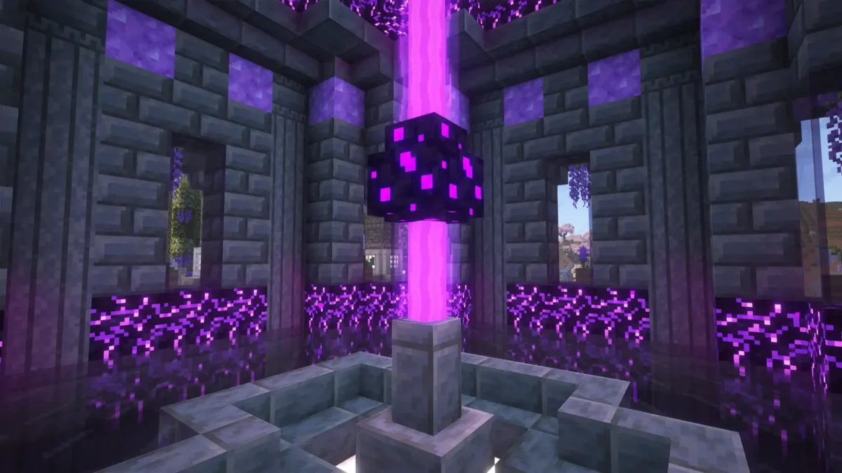 pack de texture Minecraft Enhanced oeuf de dragon flottant emettant un faisceau violet dans une salle de pierre