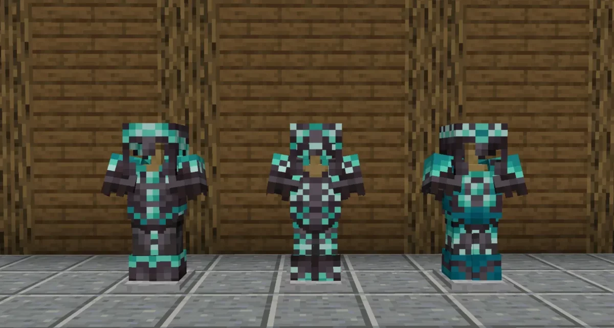 mod Minecraft Frostiful trois ornements d'armure Snow Man Frosty et Glacial alignés côte à côte