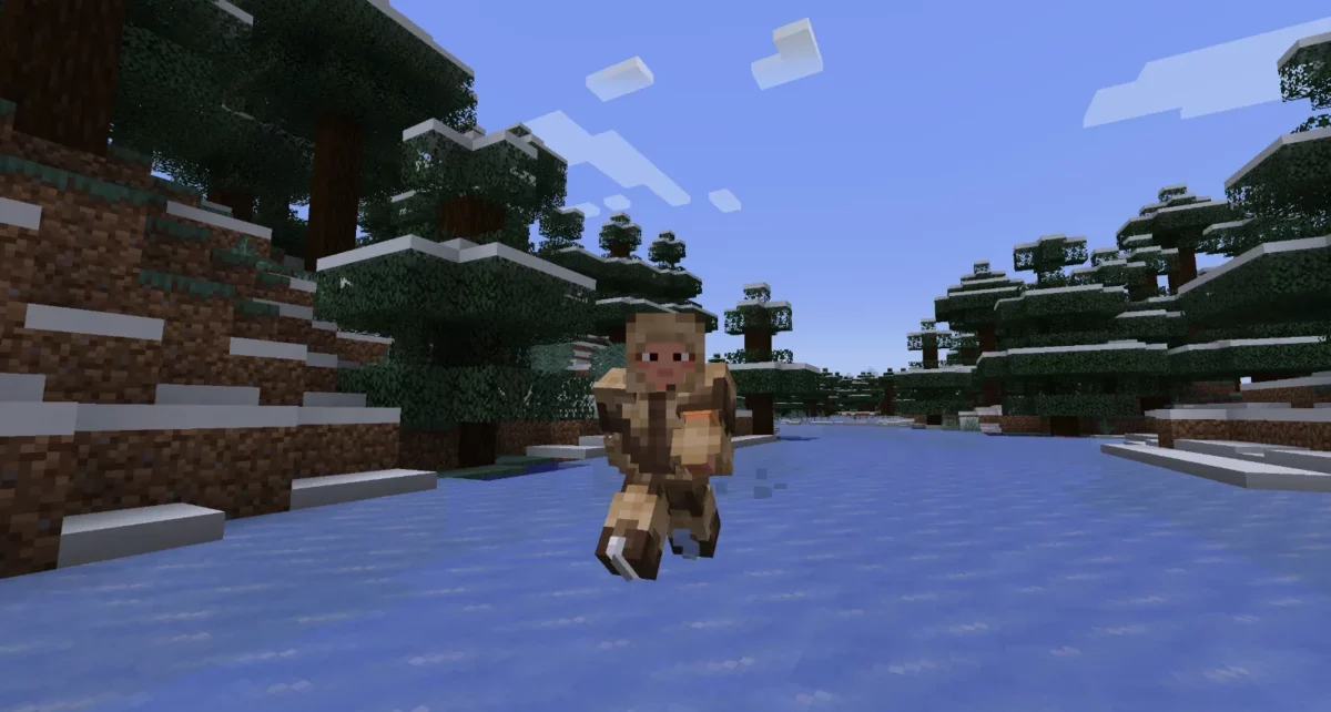 mod Minecraft Frostiful personnage qui patine sur une rivière gelée avec les patins à glace