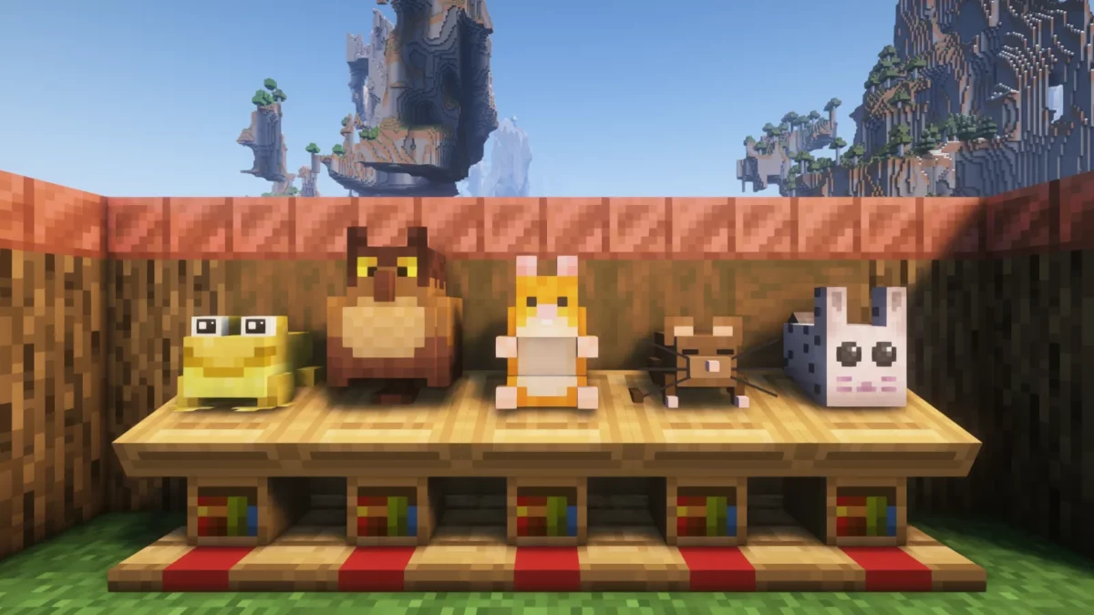 mod Minecraft Plushables affichant cinq peluches issues d'animaux absents du jeu de base