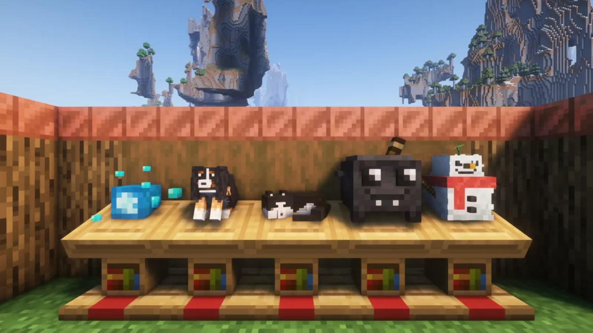 mod Minecraft Plushables montrant les cinq dernières peluches ajoutées au catalogue