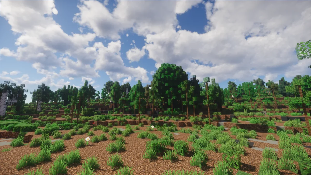 shader Minecraft Spring Shaders vaste plaine verte et champs visibles au loin grâce à Distant Horizons