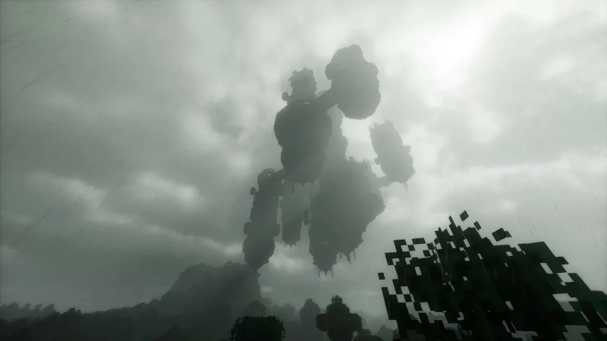 shader Minecraft Derivative Shader averse dense et brouillard autour d'ilots flottants formant une silhouette sombre dans le ciel