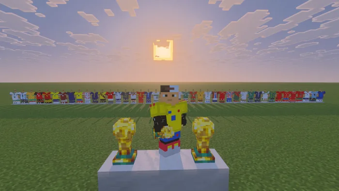 add-on Minecraft World Cup 2026 Kits joueur en maillot jaune sur un podium entre deux trophées de la Coupe du monde