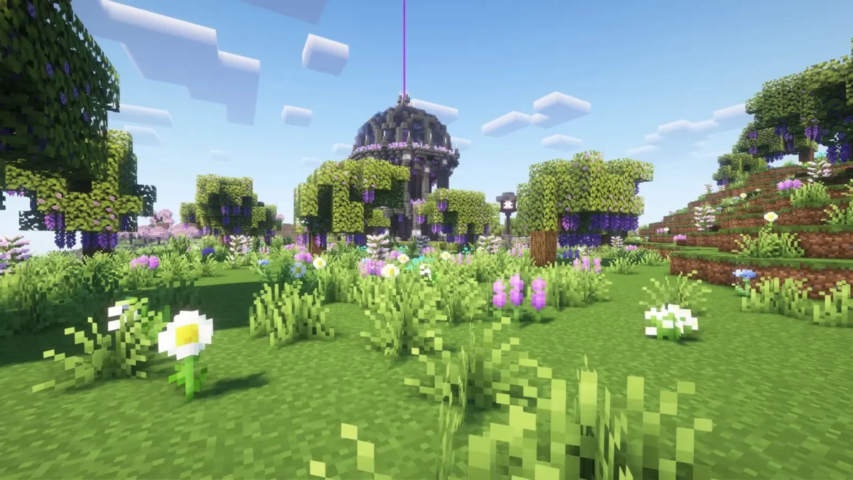 pack de texture Minecraft Enhanced prairie fleurie avec lavande et glycines suspendues devant une structure de pierre