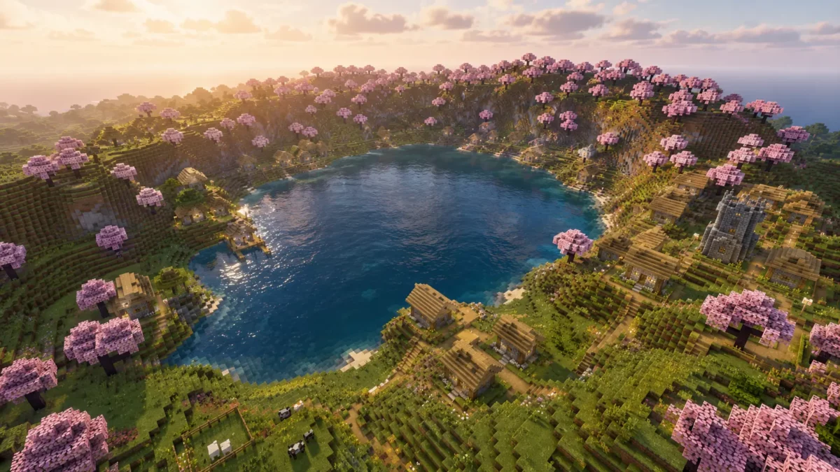 seed Minecraft 26.2 grand lac entouré de collines de cerisiers en fleurs et de plusieurs villages répartis sur les pentes