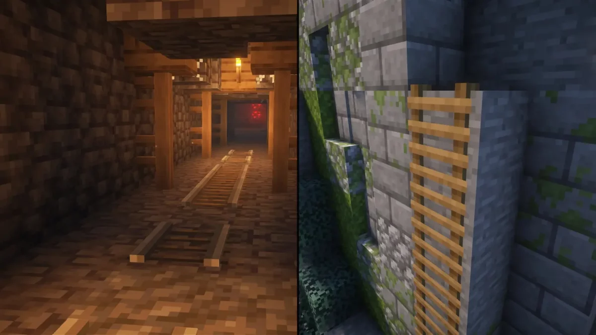 pack de texture Minecraft Enhanced rails en relief dans une mine et echelle en bois plaquee contre une paroi de pierre