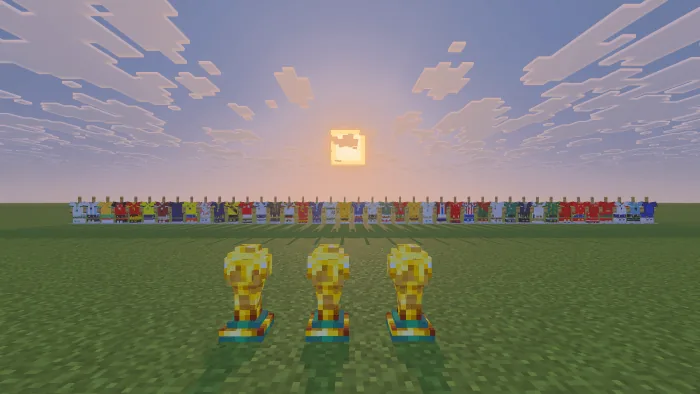 add-on Minecraft World Cup 2026 Kits rangée de maillots des sélections sur supports d'armure derrière trois trophées dorés