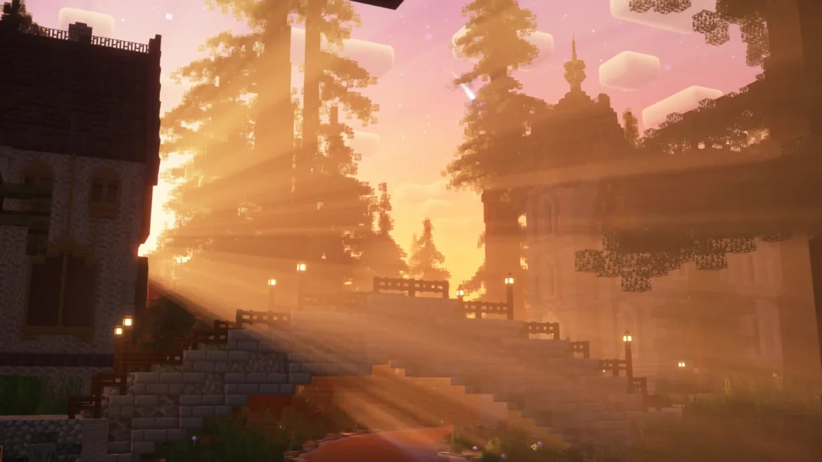 shader Minecraft Fantasy Shaders Reimagined rayons de soleil accentués au lever du jour
