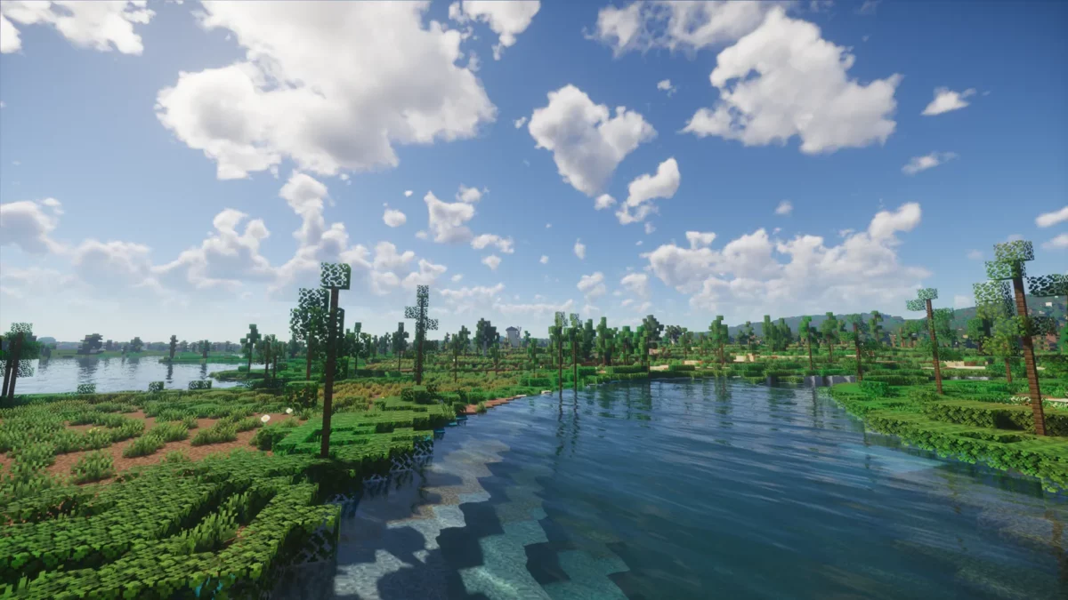 shader Minecraft Spring Shaders lac calme renvoyant le ciel et la végétation en reflet net