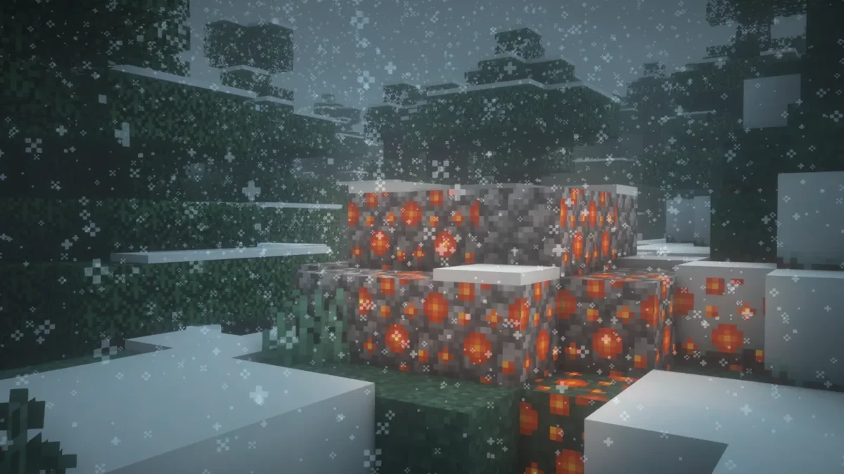 mod Minecraft Frostiful rocher couvert de Sun Lichen lumineux dans une taïga enneigée pour se réchauffer