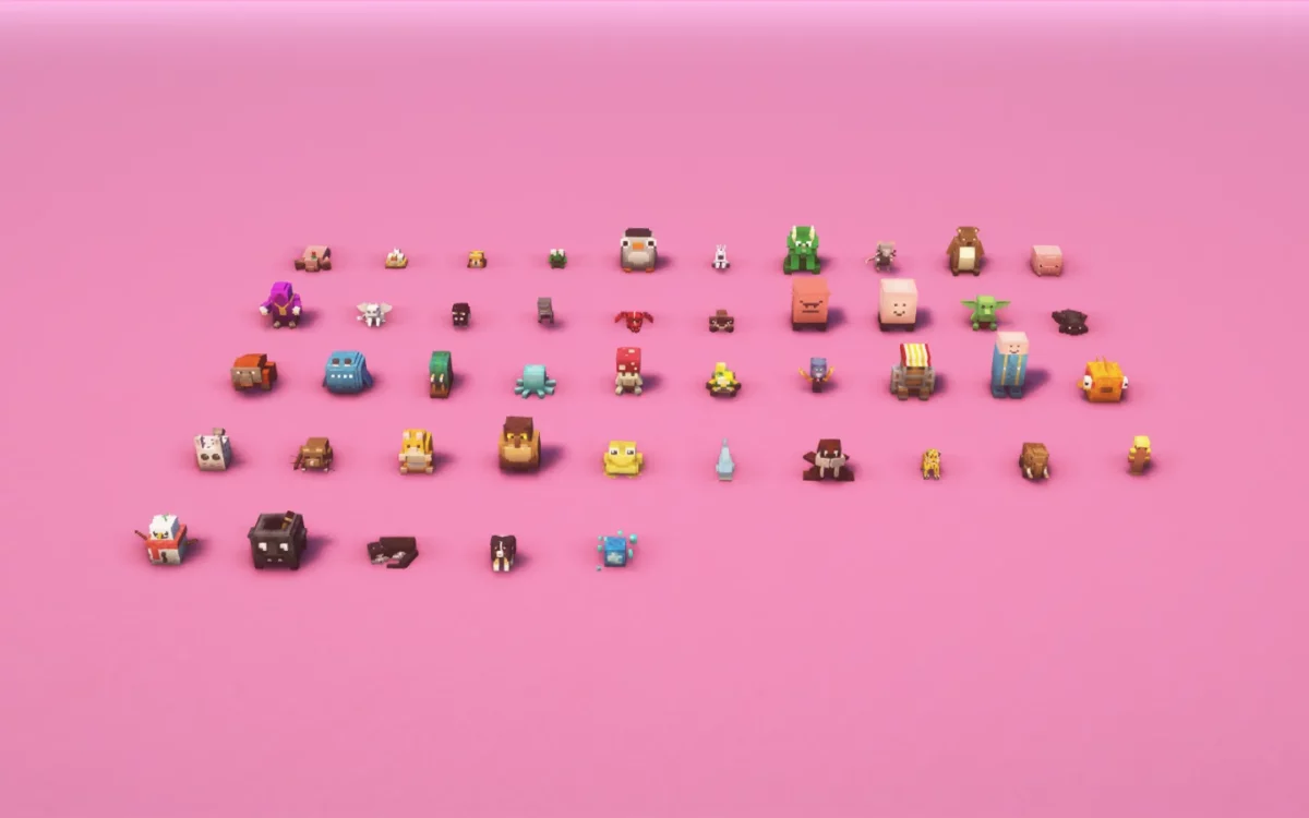 mod Minecraft Plushables présentant la collection complète des plus de 45 peluches à fabriquer dans le jeu