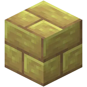 bloc Minecraft soufre taillé avec motif gravé sur la face avant et rangée de briques en partie basse