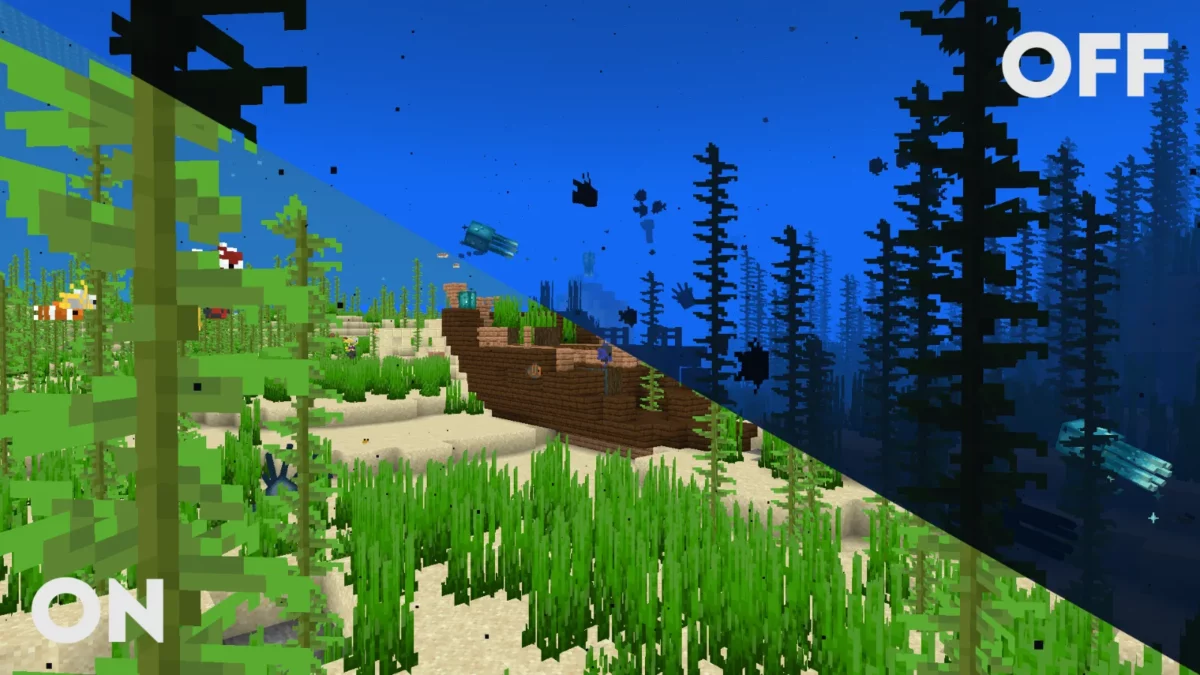 shader Minecraft Clarity vue sous l'eau parfaitement claire sans voile bleu ni brouillard