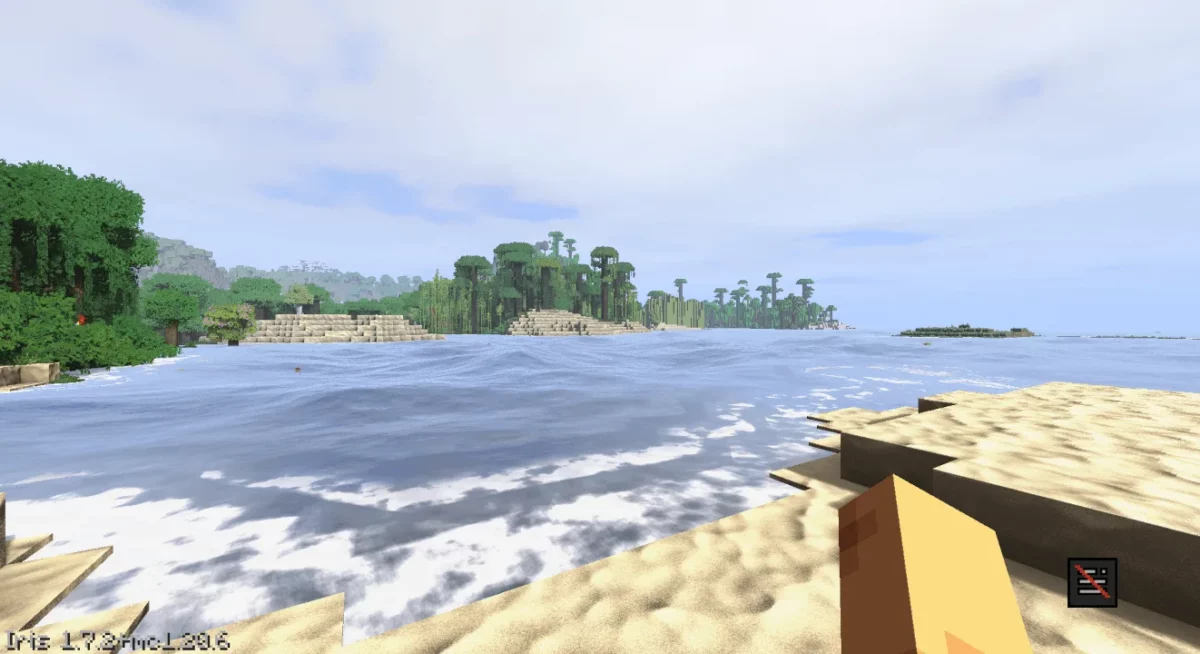 shader Minecraft Pegasus style PBR poussé avec vagues déferlantes sur une plage