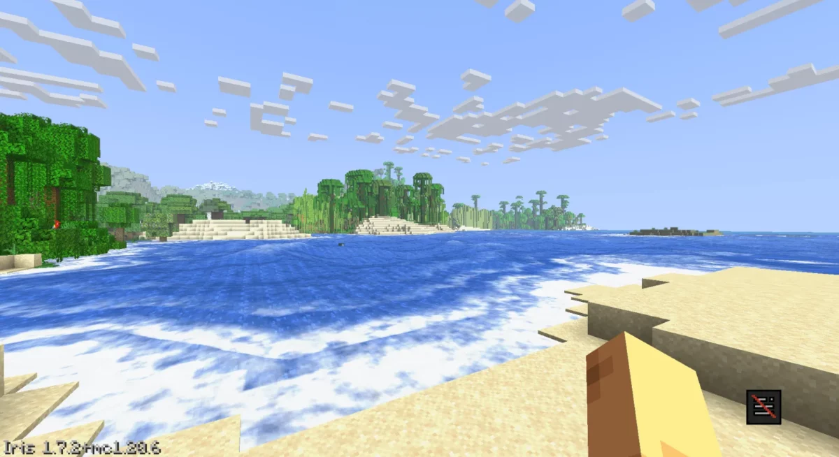 shader Minecraft Pegasus style vanilla avec des vagues qui déferlent sur une plage