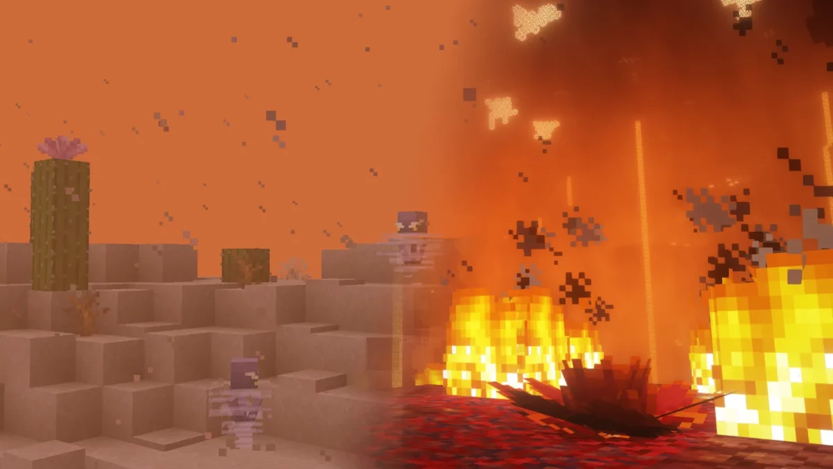 mod Minecraft Scorchful tempête de sable dans le désert et lys cramoisi du Nether côte à côte