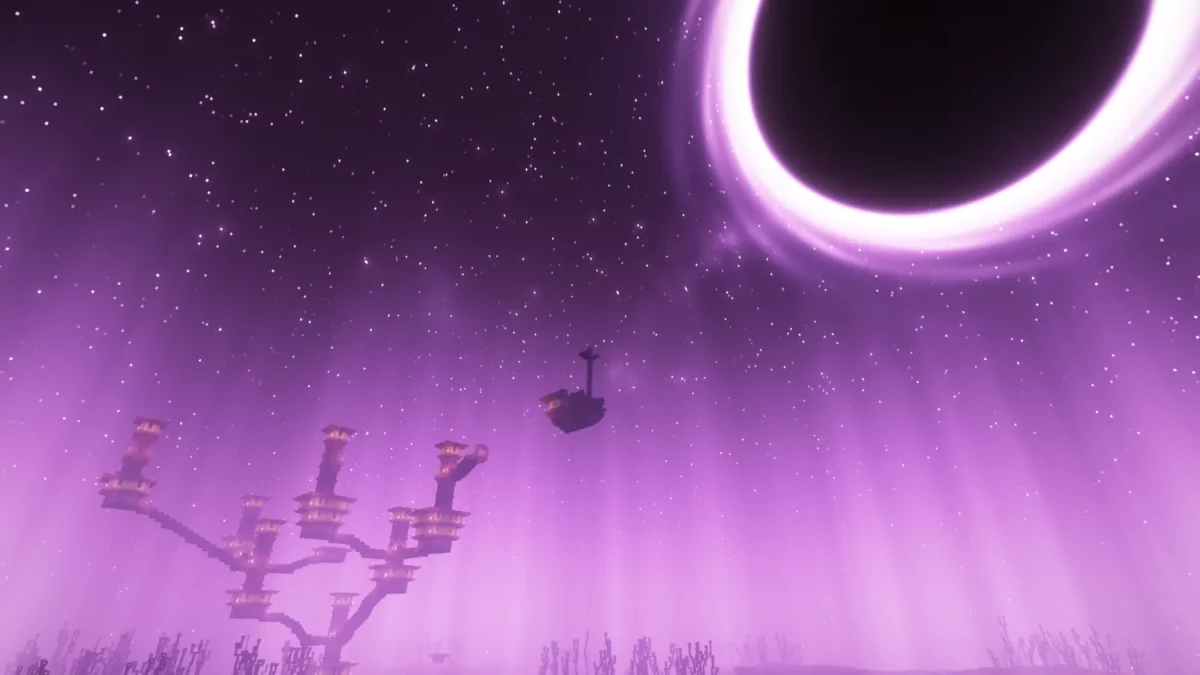 shader Minecraft Fantasy Shaders Reimagined trou noir dans le ciel de l'End recoloré en violet
