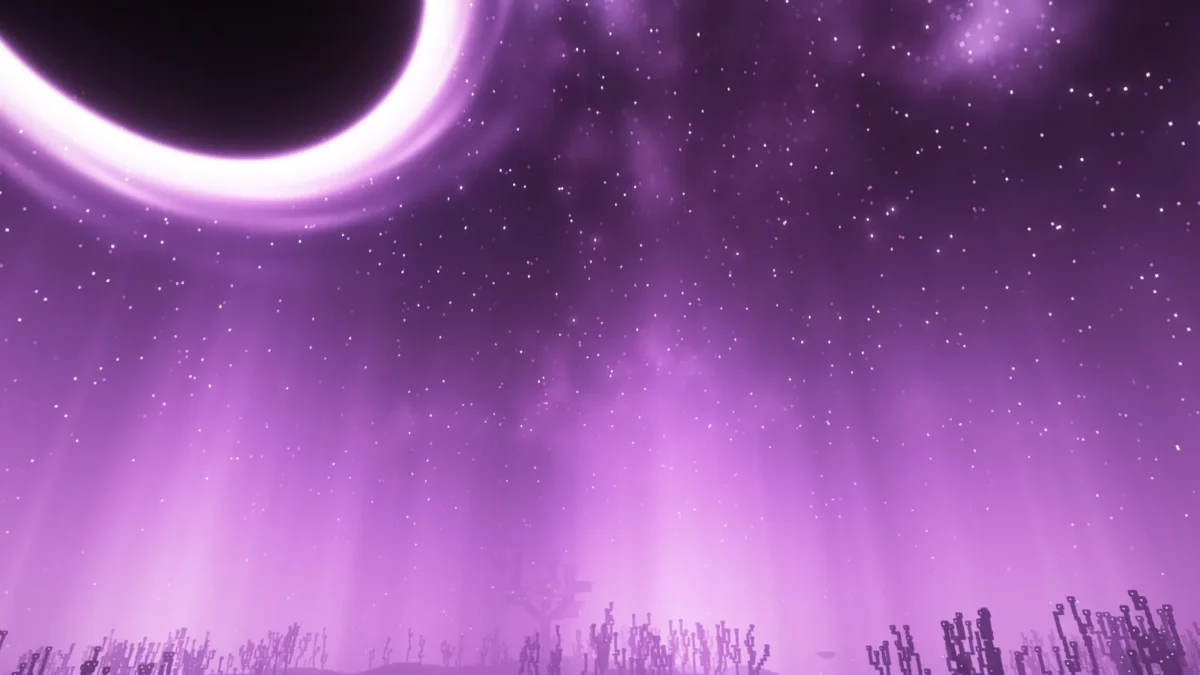 shader Minecraft Fantasy Shaders Unbound trou noir dans le ciel de l'End recoloré en violet