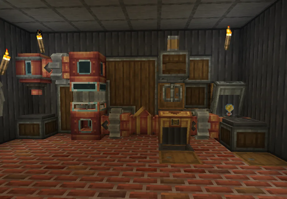 mod Minecraft Estrogen montrant une usine de production automatisee a base de fluides construite par la communaute