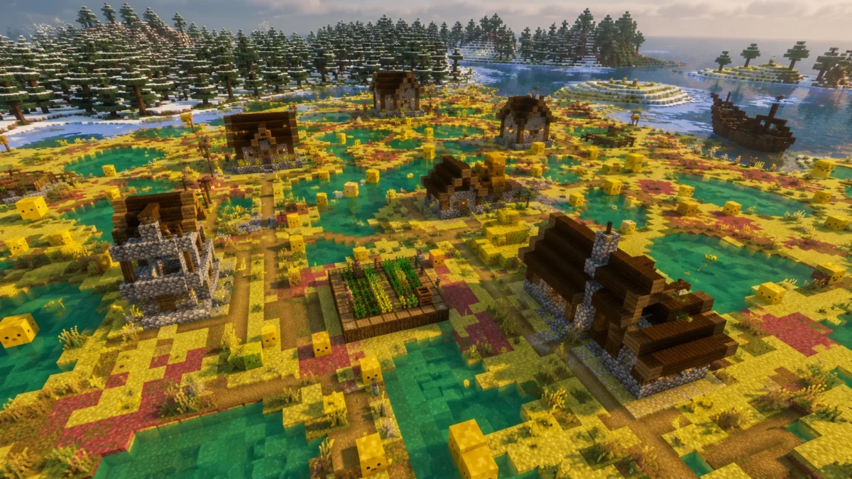 seed Minecraft 26.2 village entier généré à l'intérieur d'un biome de soufre de surface avec maisons posées sur le cinabre