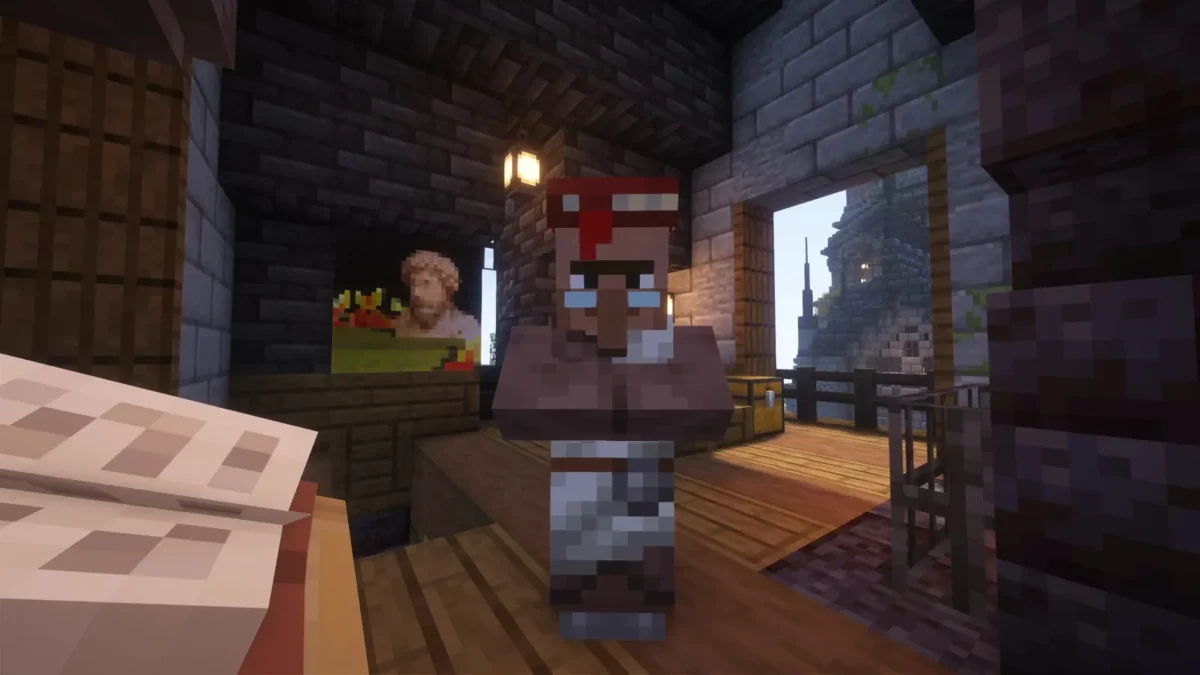 pack de texture Minecraft Enhanced villageois cartographe pres d'un tableau sans bordure a l'interieur d'une maison