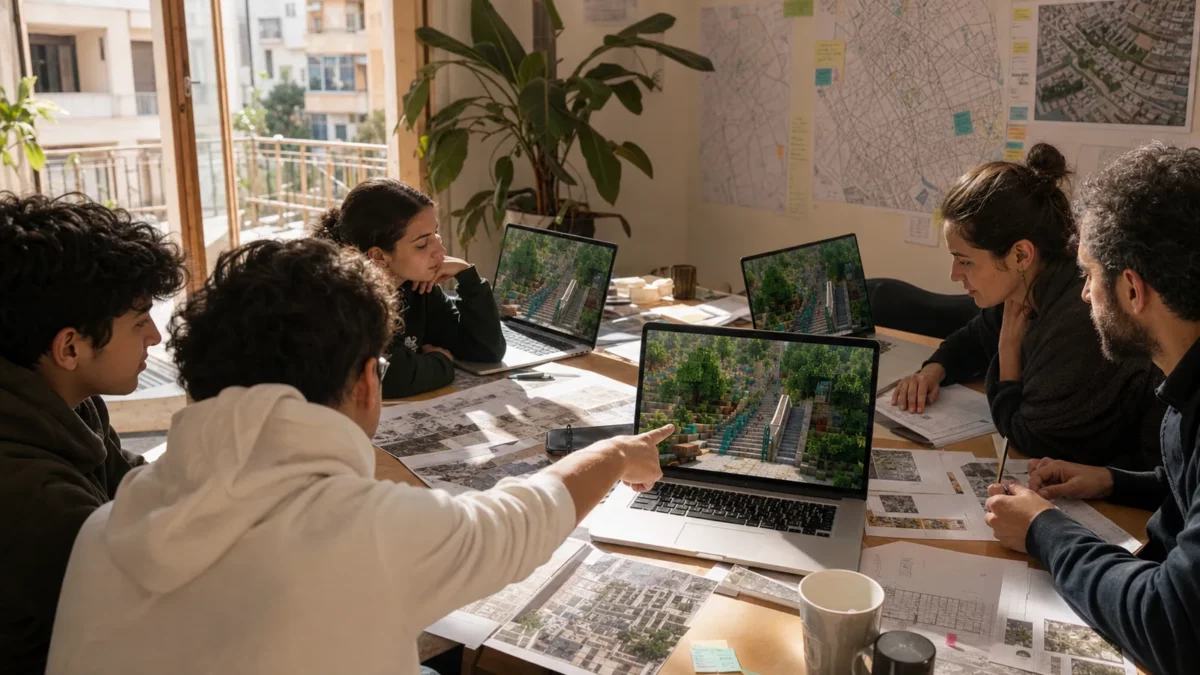 Des adolescents et des urbanistes conçoivent un escalier public dans Minecraft lors d'un atelier