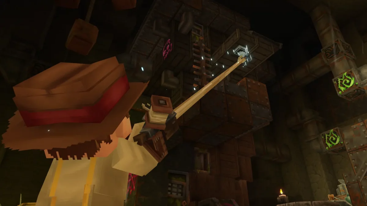 Hytale avatar utilisant les bottes fusées gobelines en vol au-dessus du monde d'Orbis