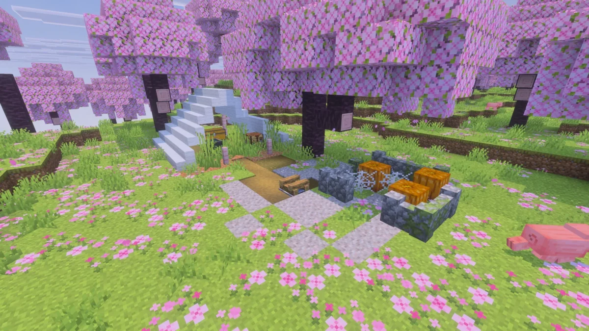 Camp abandonné dans un bosquet de cerisiers dans Minecraft 26.3
