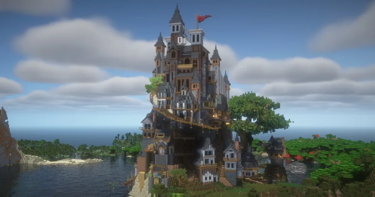 map Minecraft God Seed Build château vertical construit sur une falaise boisée au bord de l’eau