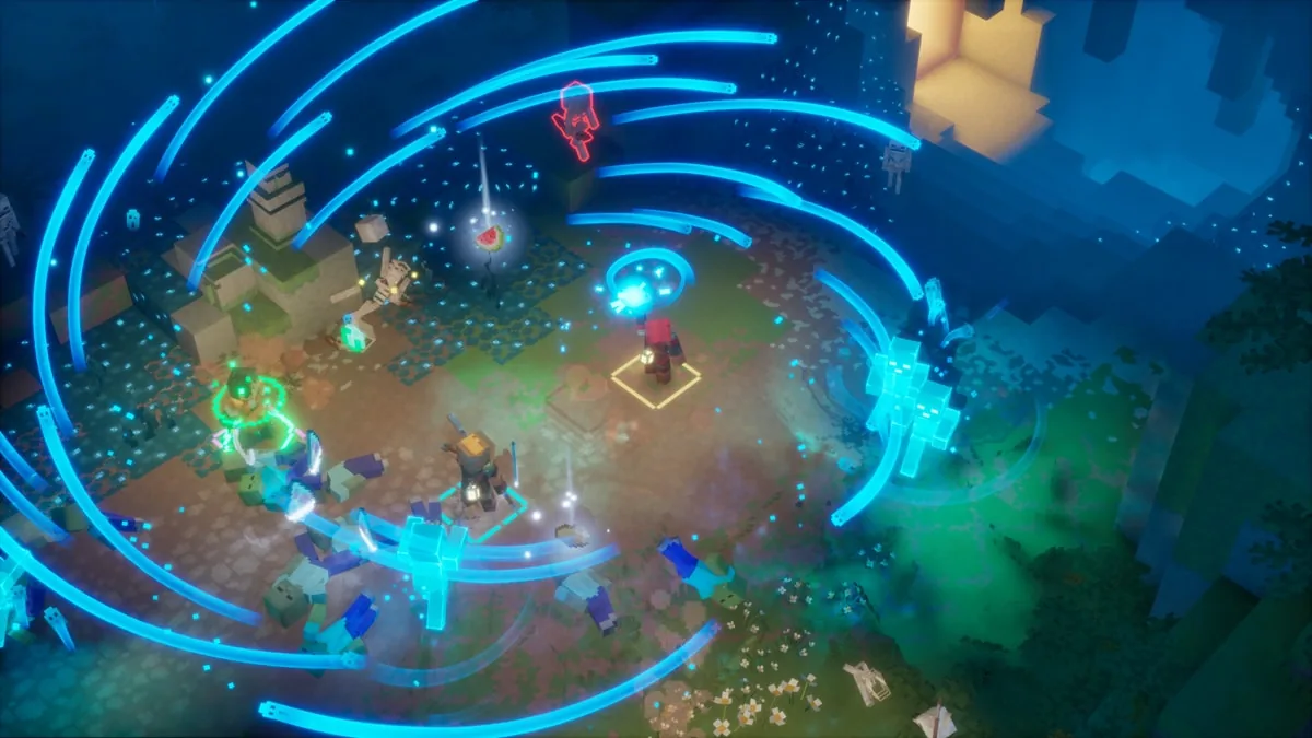 Minecraft Dungeons II un héros déclenche une attaque en vortex d'énergie bleue face à des ennemis en forêt