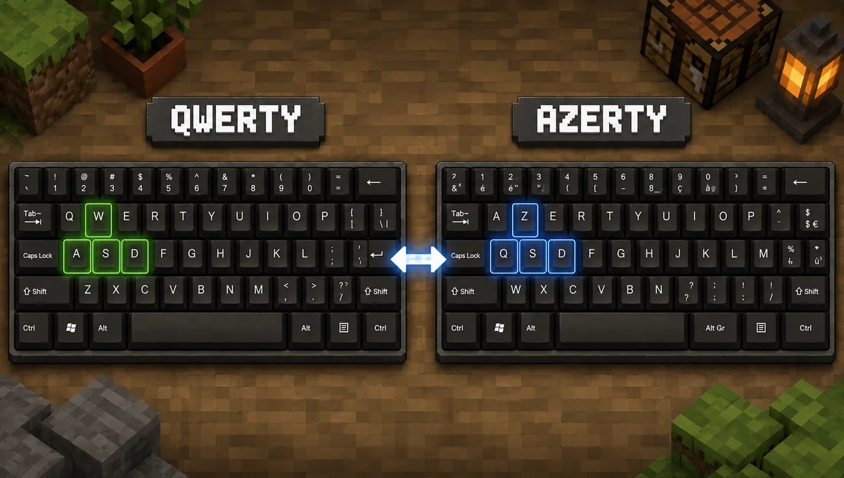 Comparatif de claviers QWERTY et AZERTY reliant les touches WASD aux positions ZQSD dans Minecraft