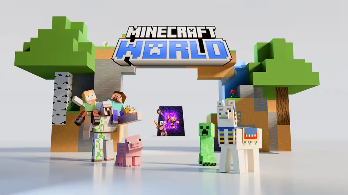 Concept art des bâtiments en blocs bordant la place centrale de la zone Minecraft World