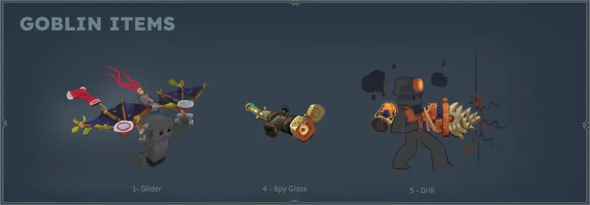 Hytale concepts arts des gadgets gobelins bottes fusées grappin planeur foreuse et longue-vue