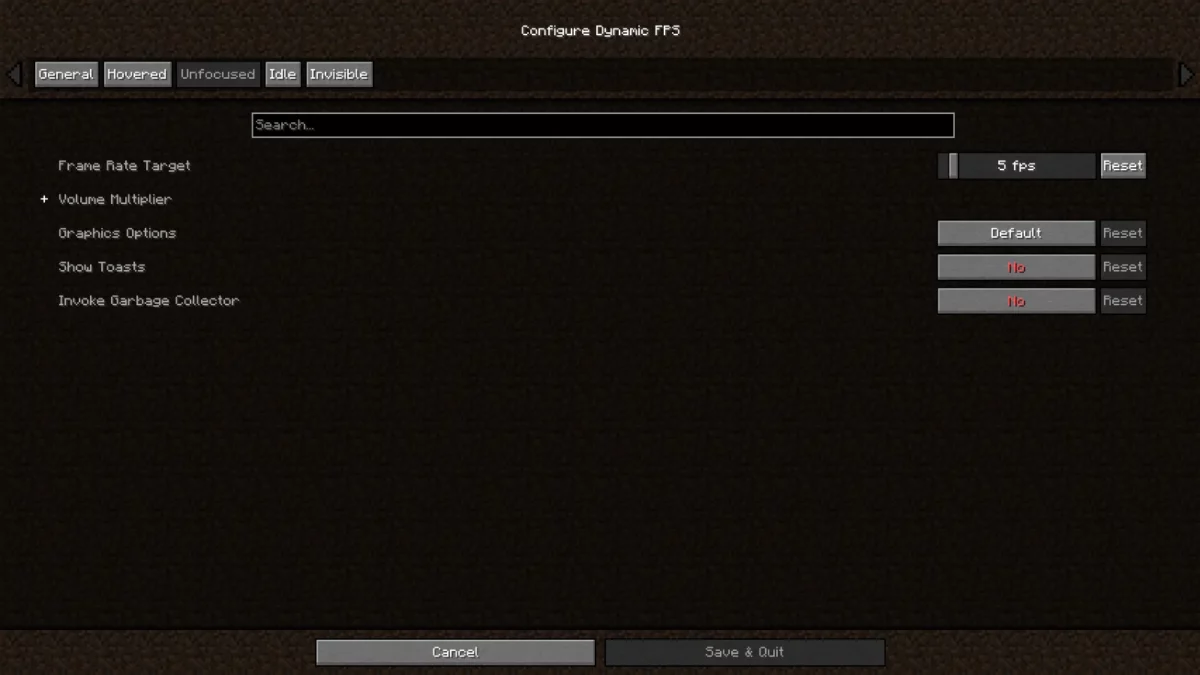 mod Minecraft Dynamic FPS réglages du framerate du volume et des notifications pour chaque état de la fenêtre
